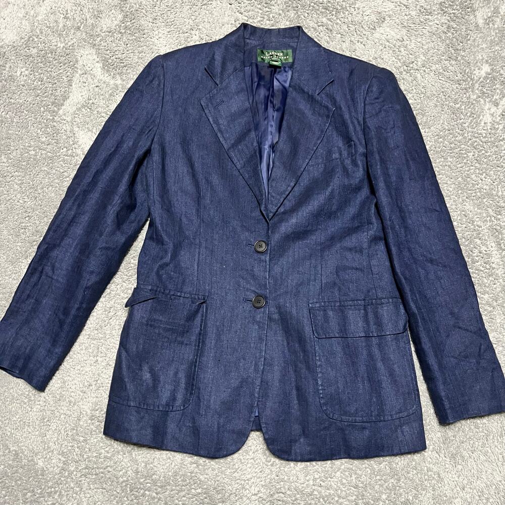 Lauren Ralph Lauren Blazer Womens 6 Petite Blue Linen 2 Button
